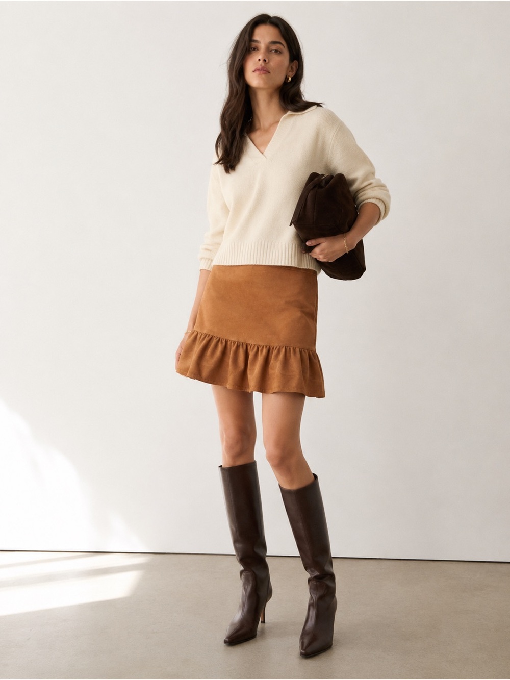 J. Crew Walnut Brown Faux Suede Ruffle Hem Mini Skirt Size 2